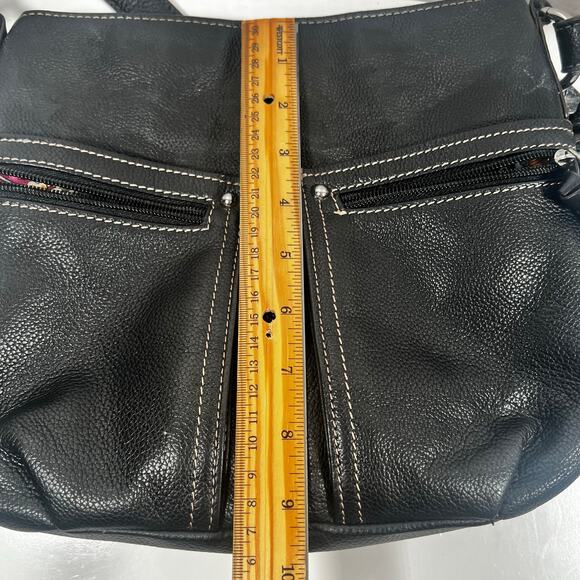 Black Pebbled Genuine Leather Crossbody Bag Many Zippered Pockets Floral Lining - Picture 11 of 16